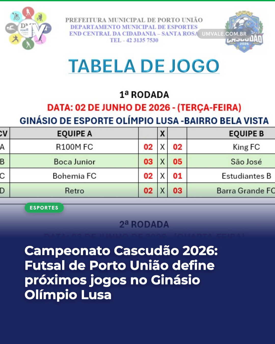 Campeonato Cascudão 2026: Futsal de Porto União define próximos jogos no Ginásio Olímpio Lusa