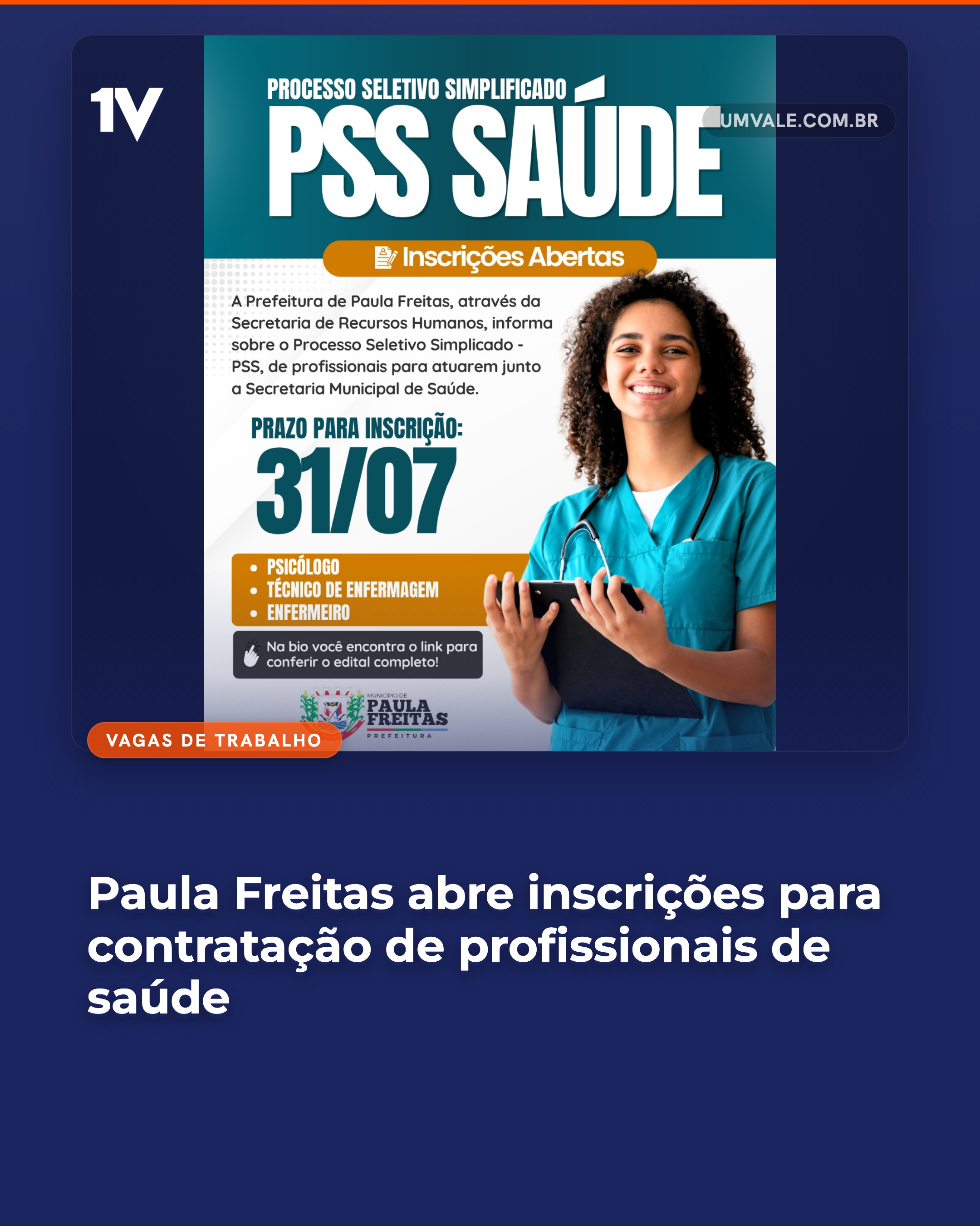 Paula Freitas abre inscrições para contratação de profissionais de saúde