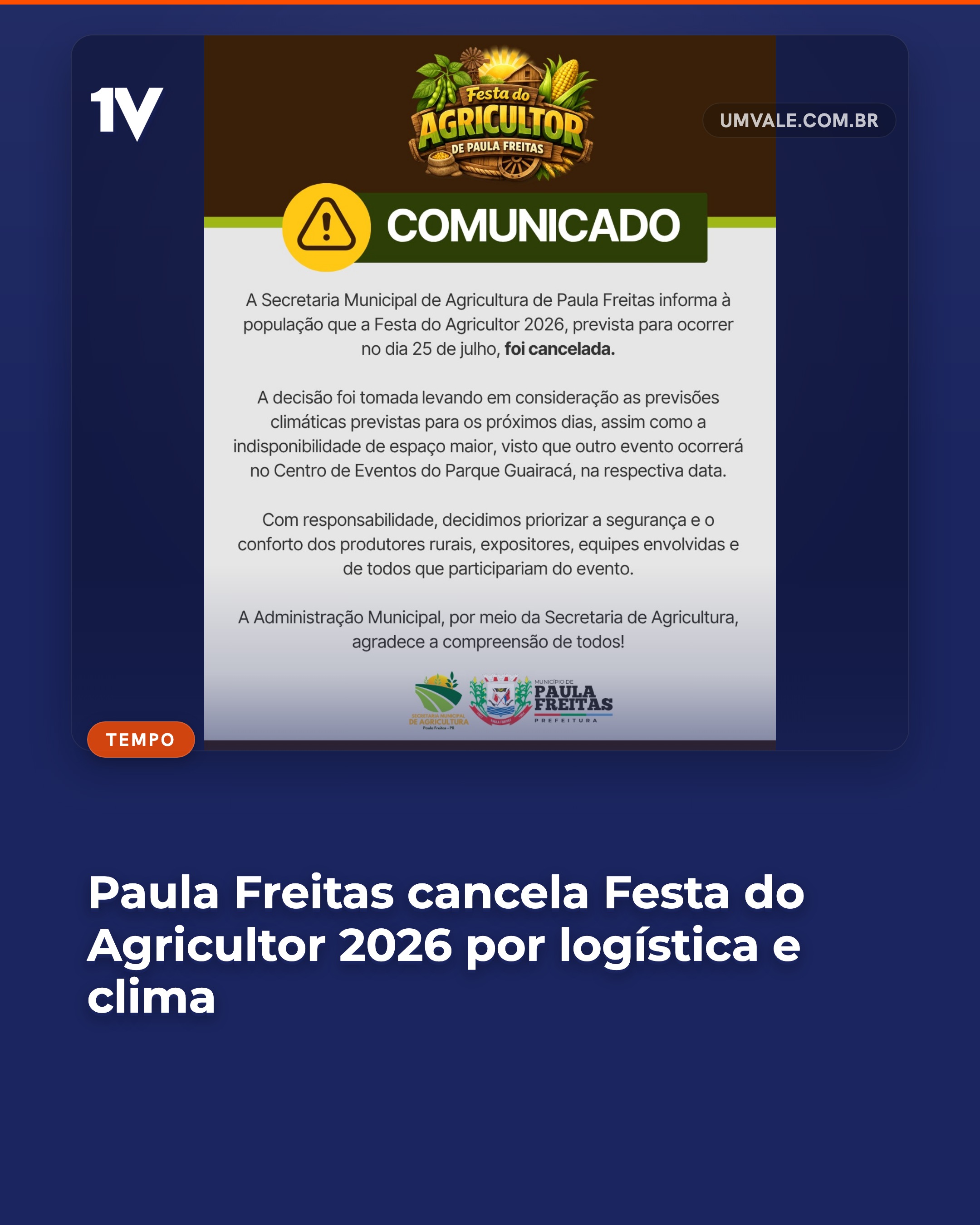 Paula Freitas cancela Festa do Agricultor 2026 por logística e clima