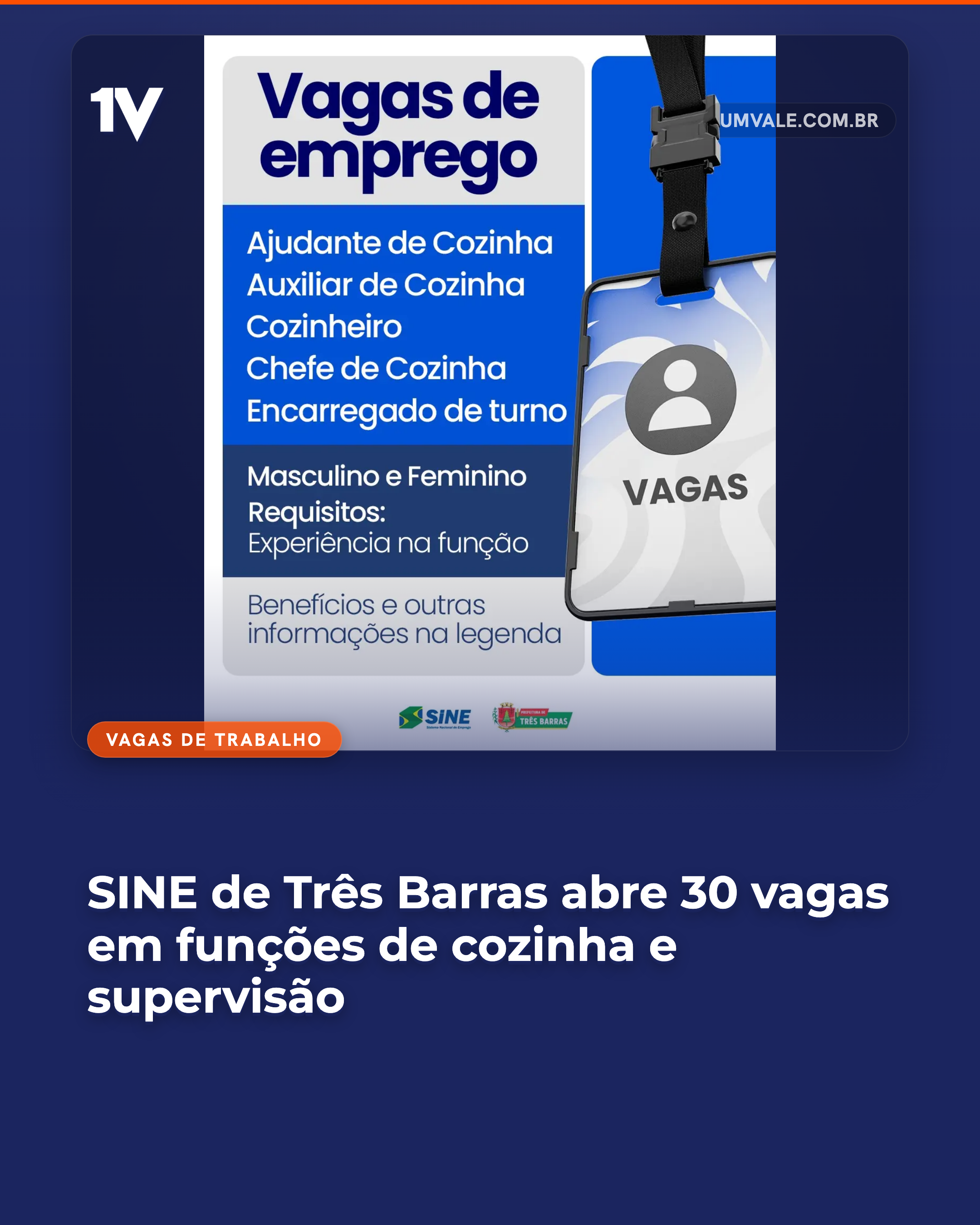 SINE de Três Barras abre 30 vagas em funções de cozinha e supervisão