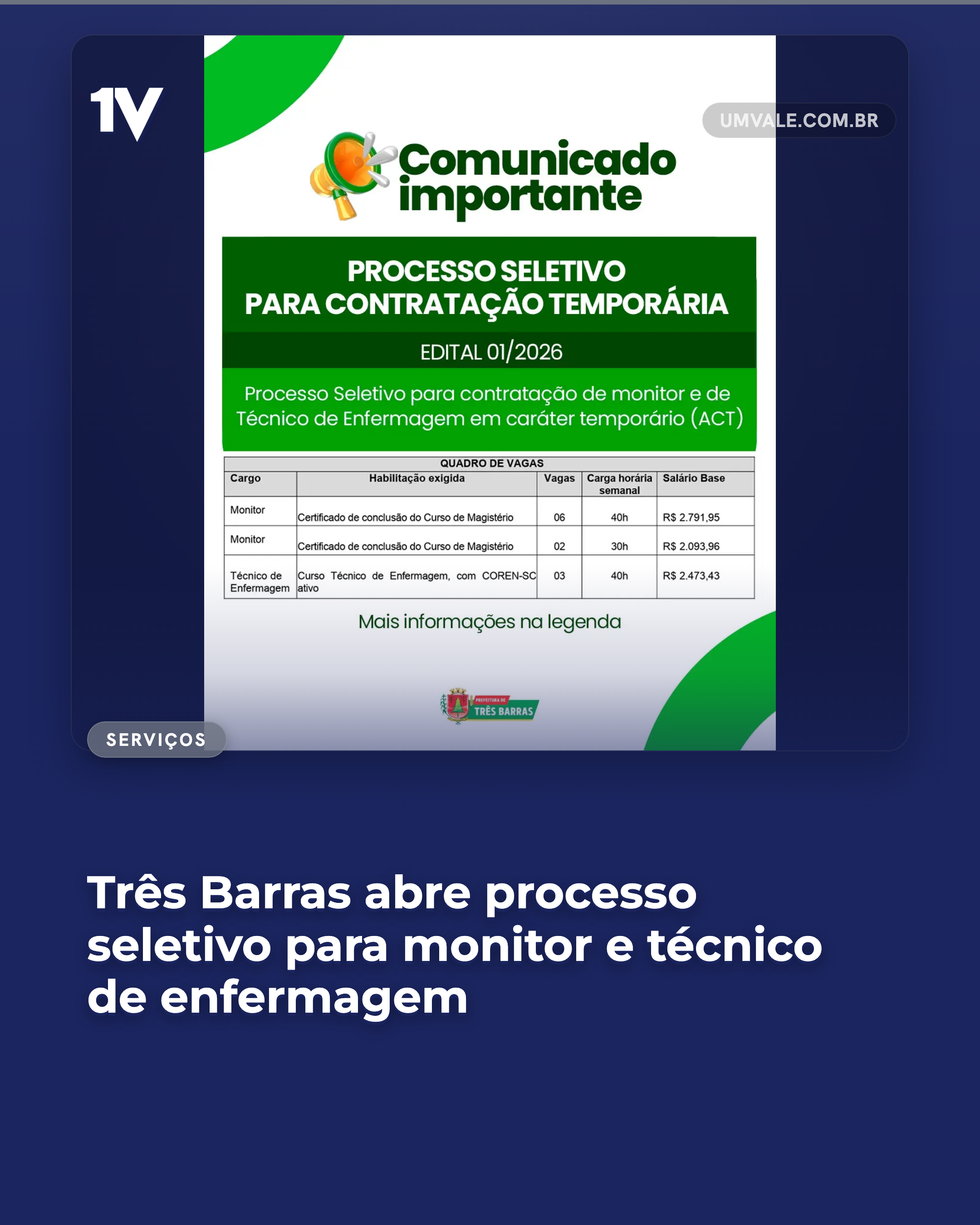 Três Barras abre processo seletivo para monitor e técnico de enfermagem