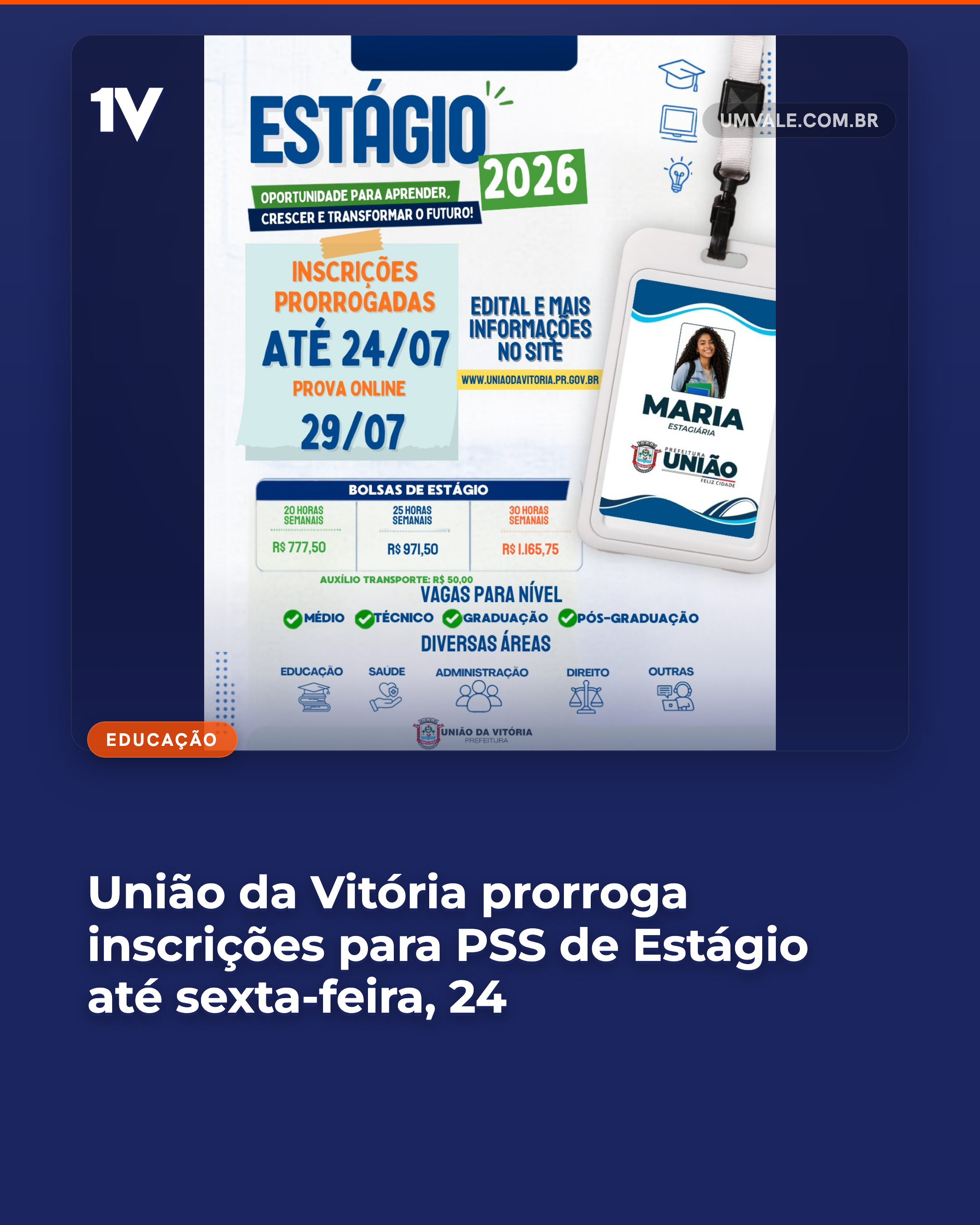 União da Vitória prorroga inscrições para PSS de Estágio até sexta-feira, 24