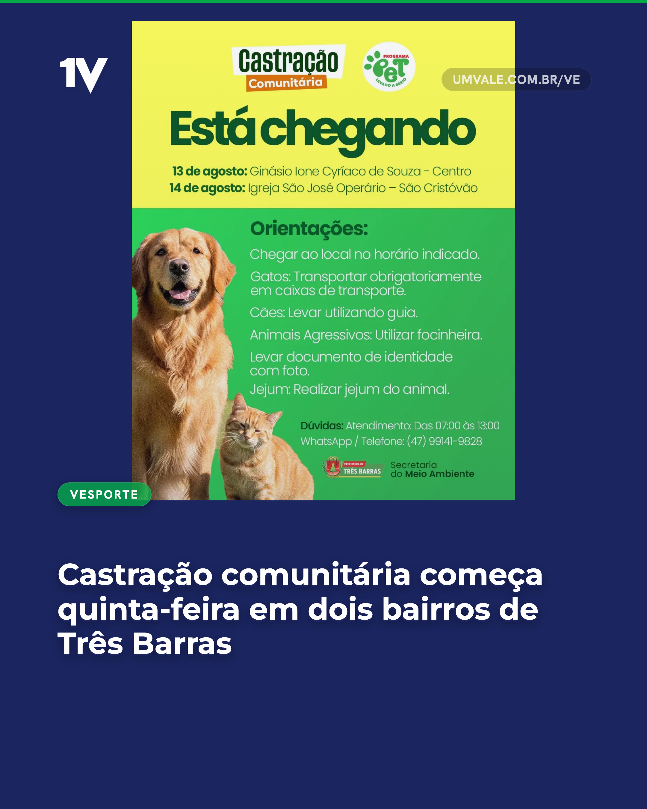 Castração comunitária começa quinta-feira em dois bairros de Três Barras