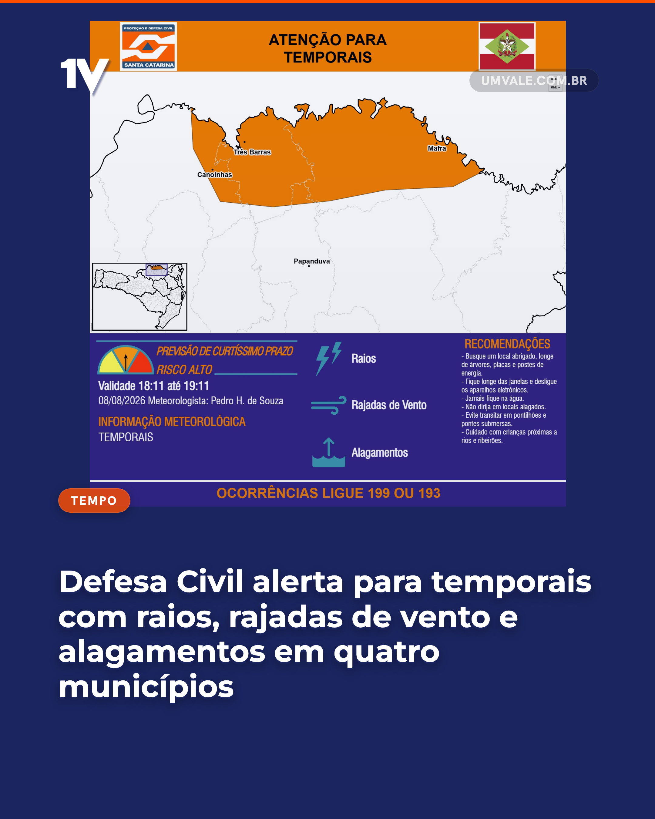 Defesa Civil alerta para temporais com raios, rajadas de vento e alagamentos em quatro municípios