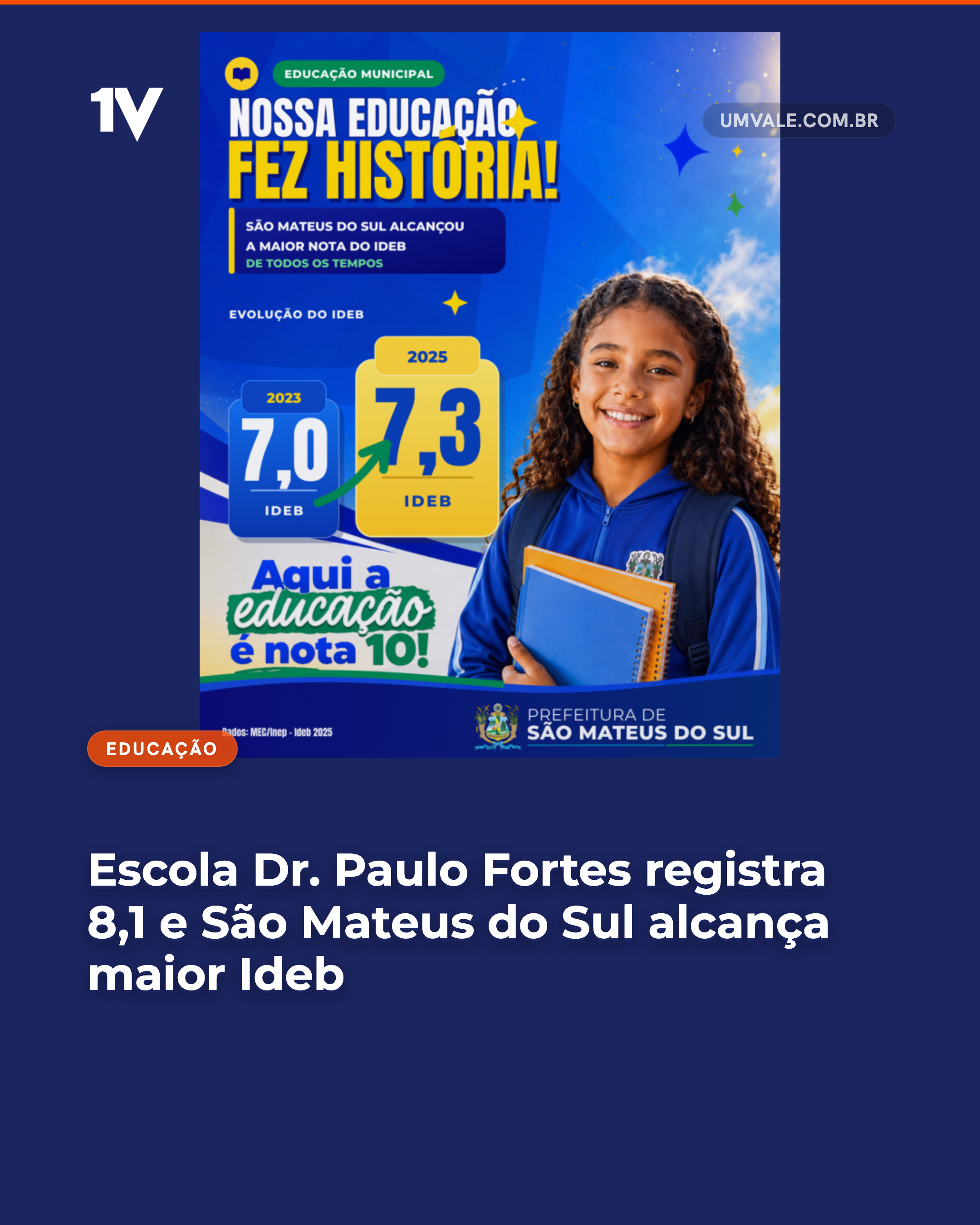 Escola Dr. Paulo Fortes registra 8,1 e São Mateus do Sul alcança maior Ideb