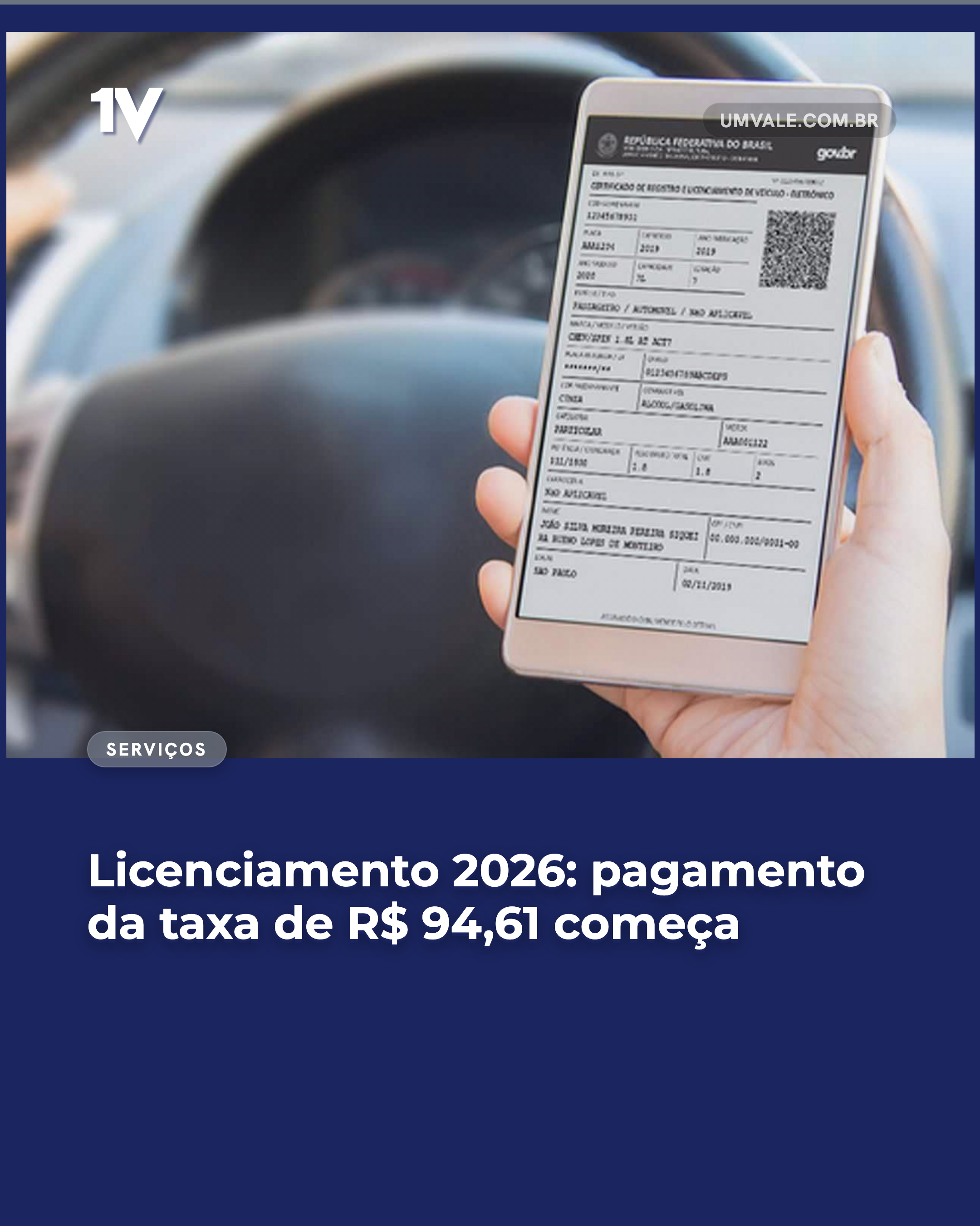 Licenciamento 2026: pagamento da taxa de R$ 94,61 começa