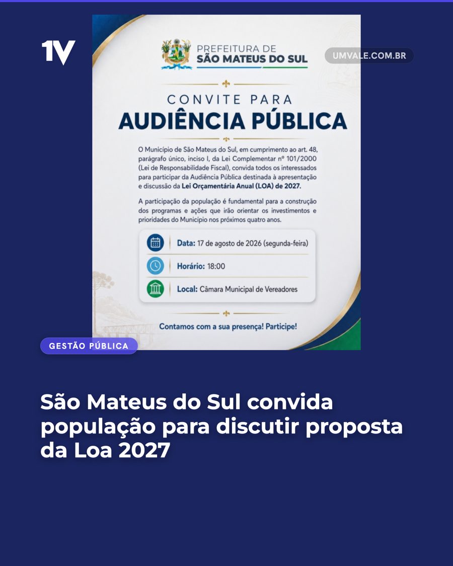 São Mateus do Sul convida população para discutir proposta da Loa 2027