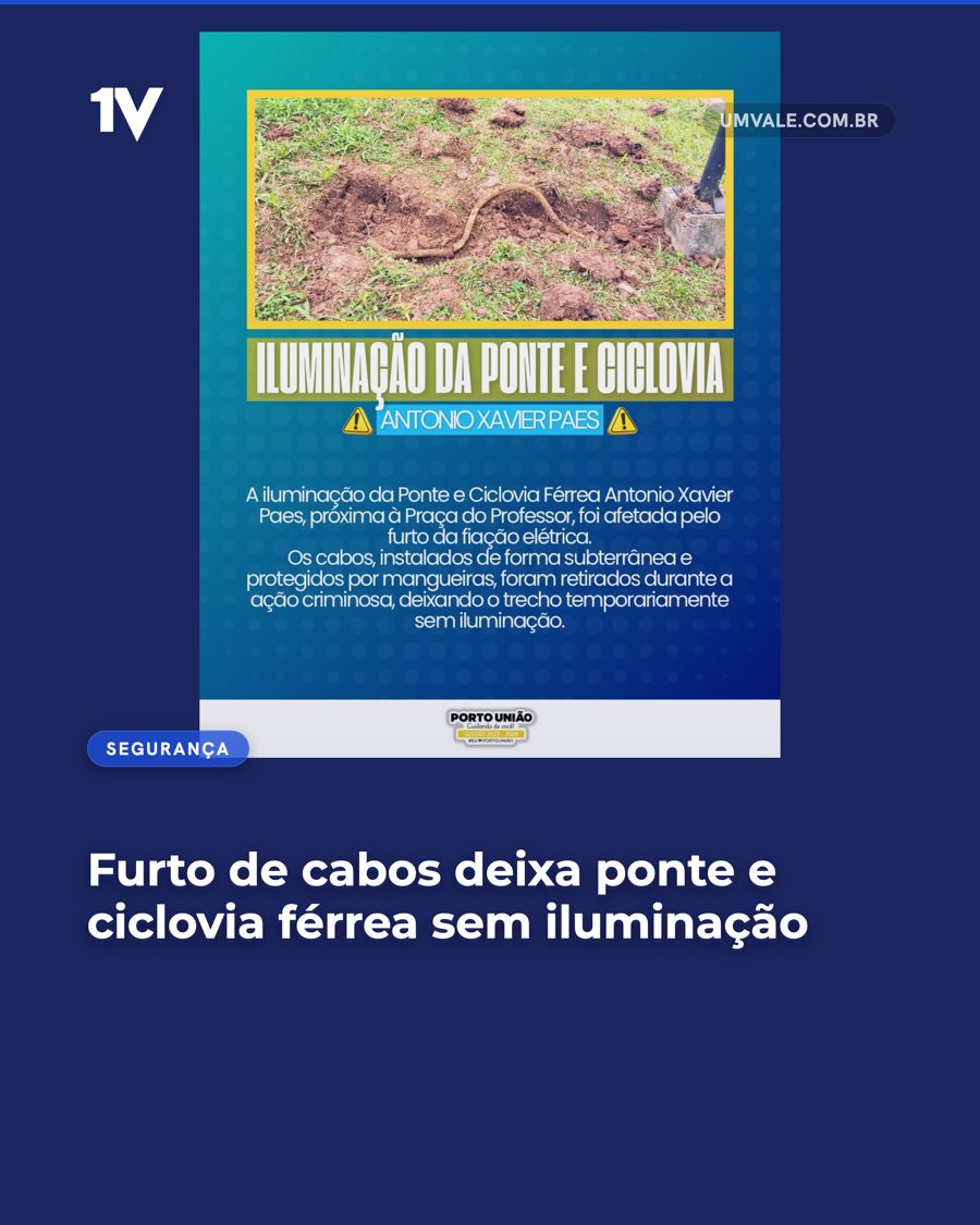 Furto de cabos deixa ponte e ciclovia férrea sem iluminação