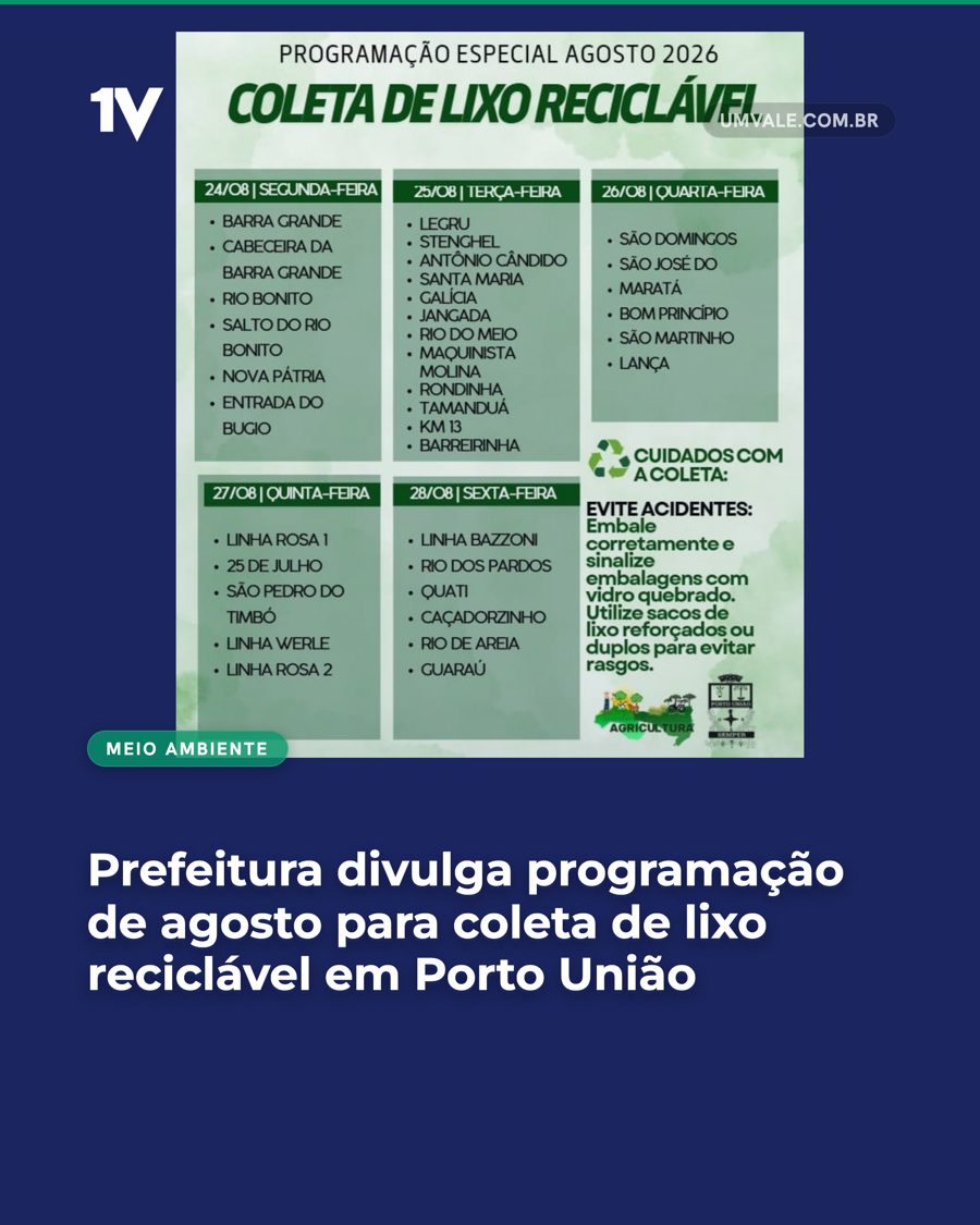 Prefeitura divulga programação de agosto para coleta de lixo reciclável em Porto União
