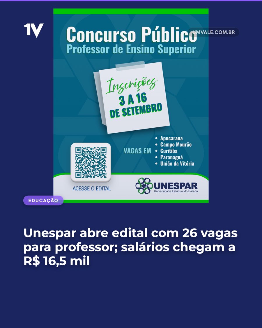 Unespar abre edital com 26 vagas para professor; salários chegam a R$ 16,5 mil