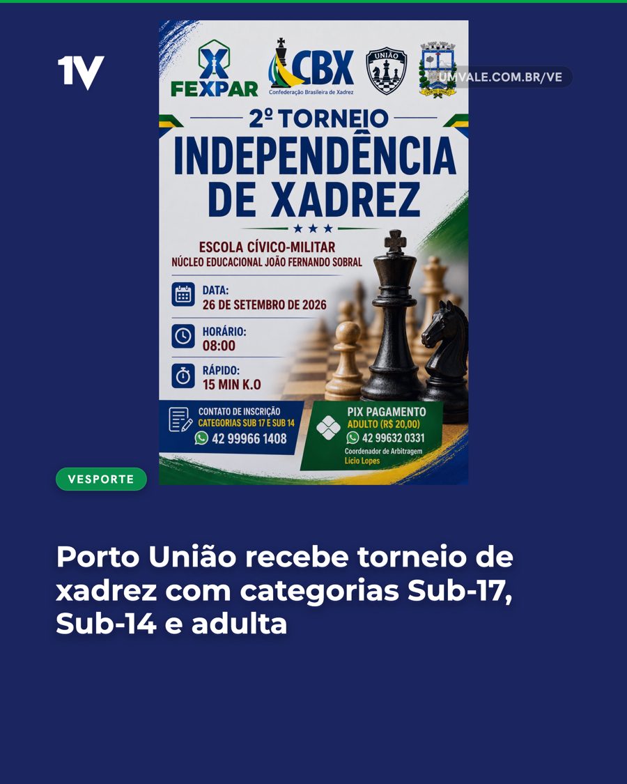 Porto União recebe torneio de xadrez com categorias Sub-17, Sub-14 e adulta