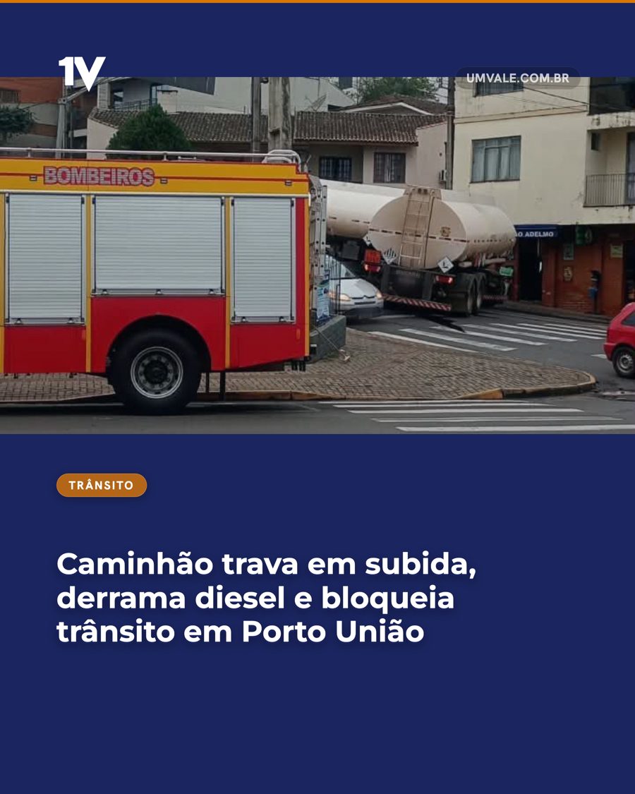 Caminhão trava em subida, derrama diesel e bloqueia trânsito em Porto União