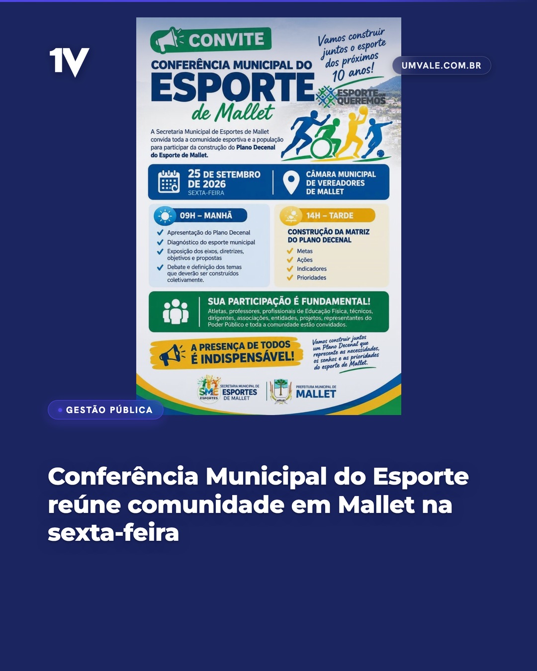 Conferência Municipal do Esporte reúne comunidade em Mallet na sexta-feira