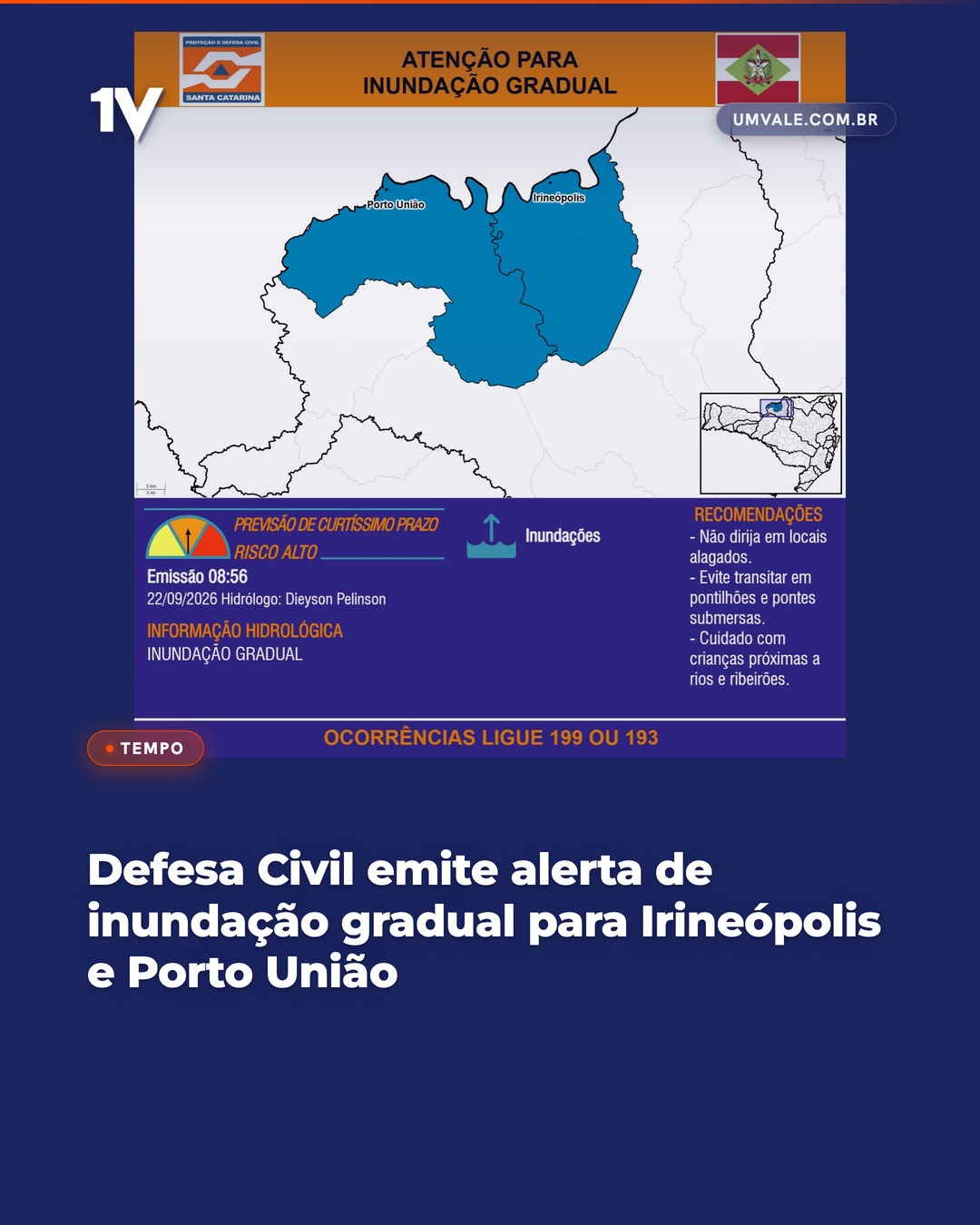 Defesa Civil emite alerta de inundação gradual para Irineópolis e Porto União