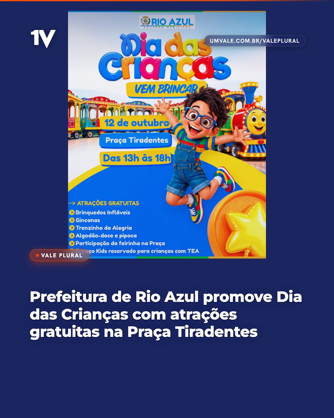 Prefeitura de Rio Azul promove Dia das Crianças com atrações gratuitas na Praça Tiradentes
