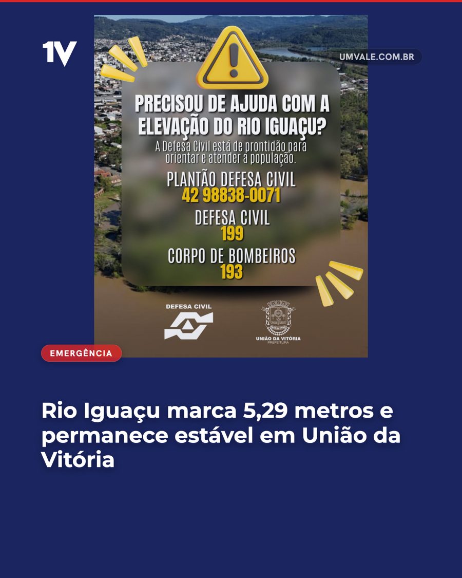 Rio Iguaçu marca 5,29 metros e permanece estável em União da Vitória