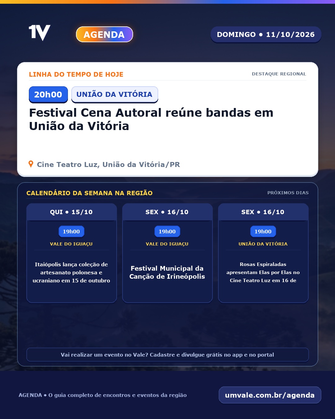 Agenda 1V: confira os eventos desta domingo, 11