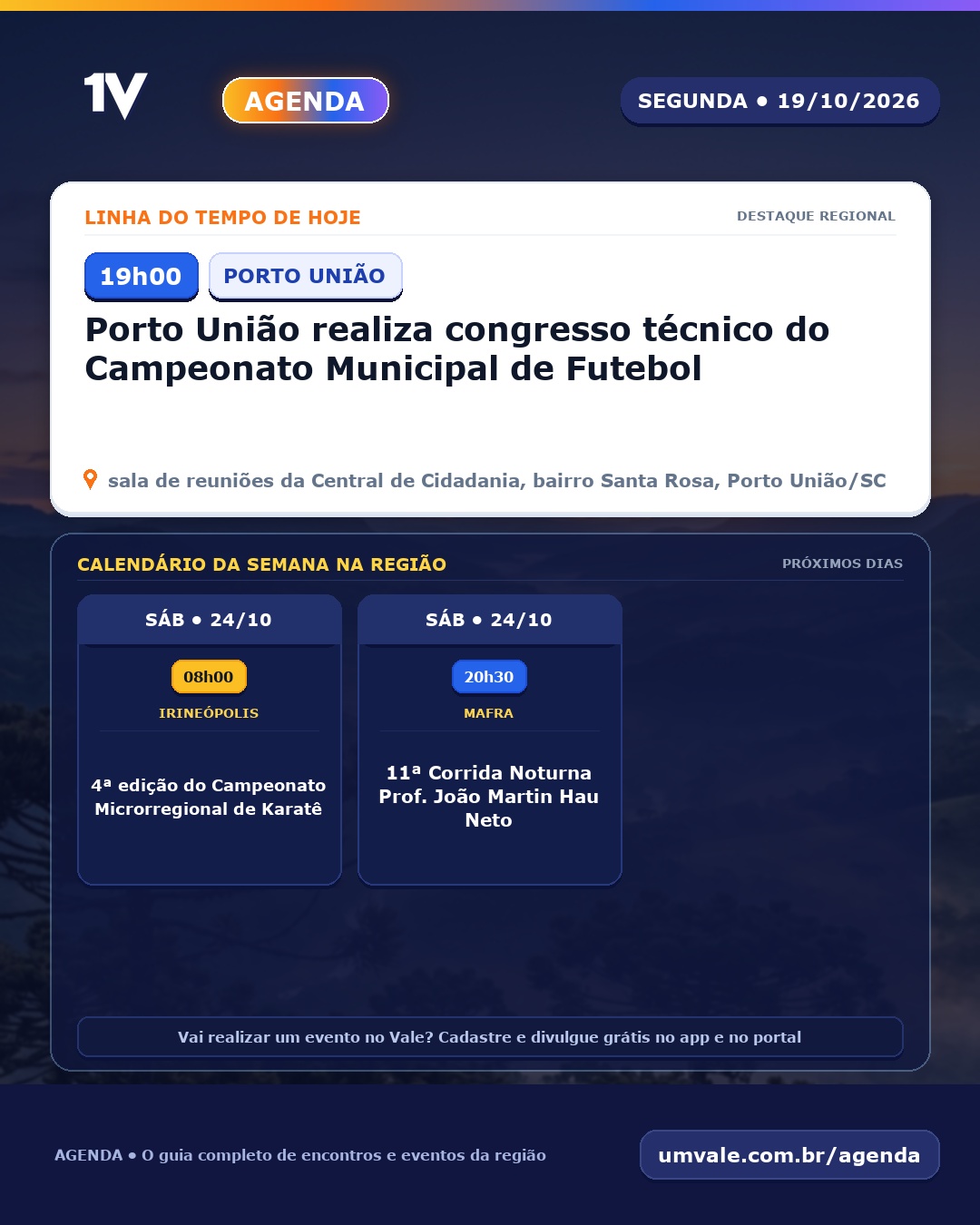 Agenda 1V: confira os eventos desta segunda-feira, 19