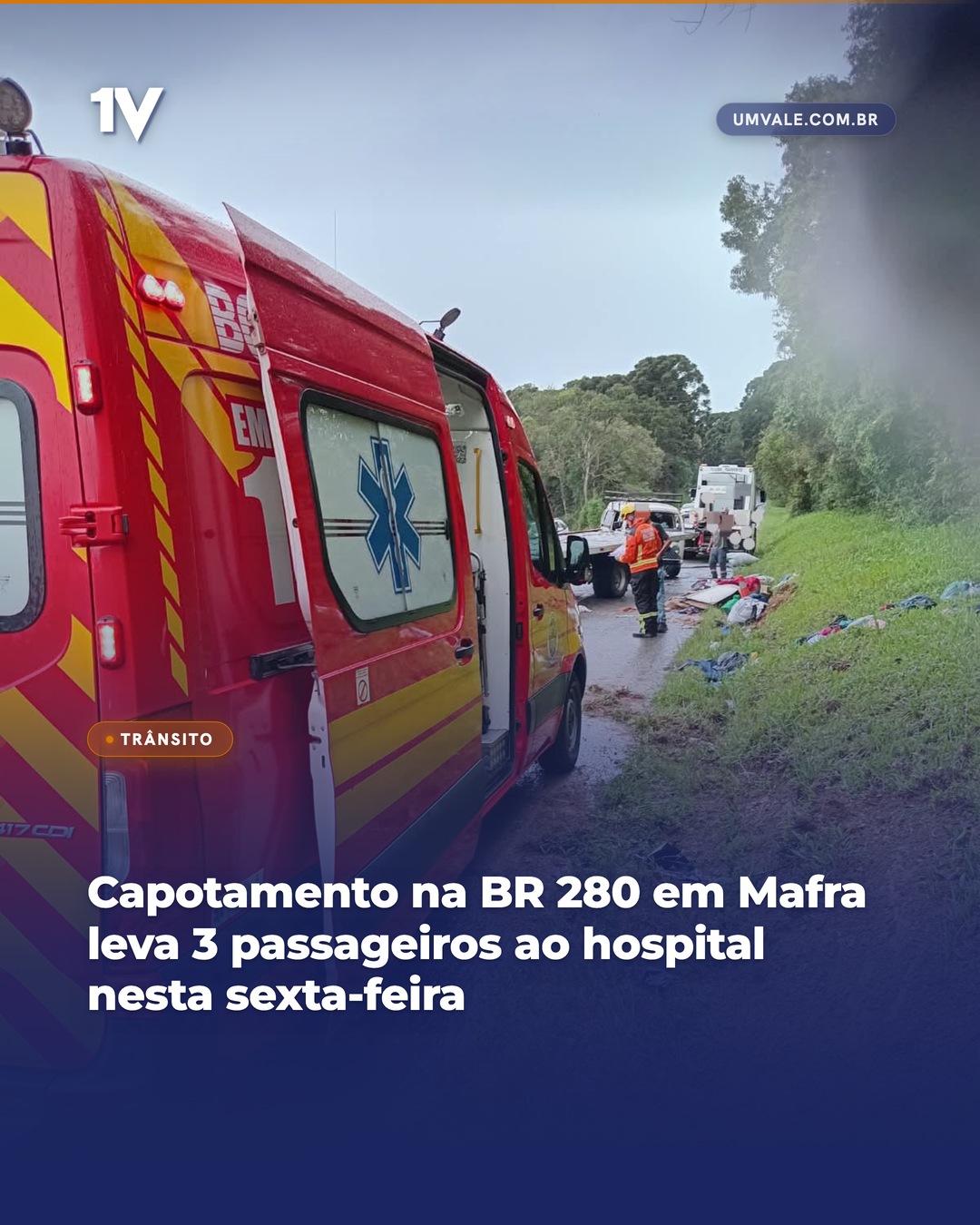 Capotamento na BR 280 em Mafra leva 3 passageiros ao hospital nesta sexta-feira