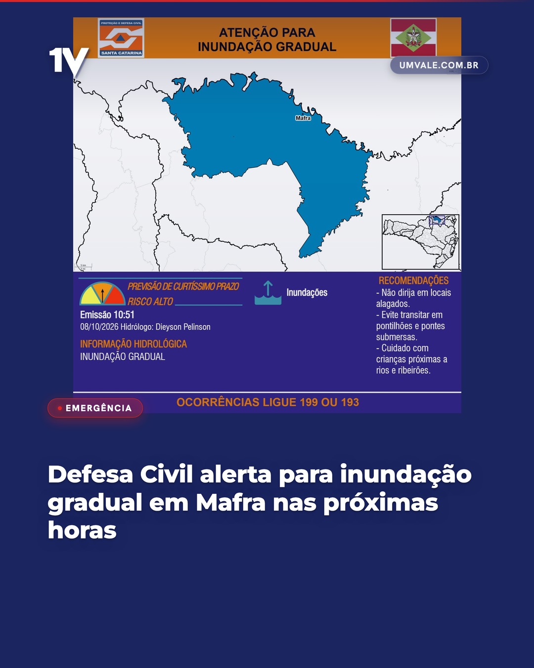 Defesa Civil alerta para inundação gradual em Mafra nas próximas horas